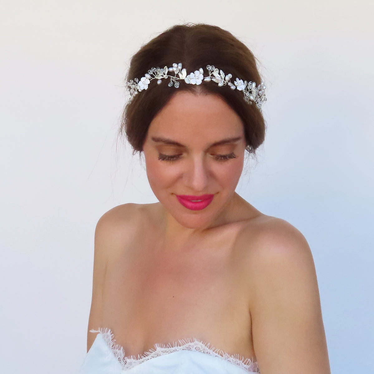 Cherish - Silver and Pearl Flower Wedding Headband Hair Vine 