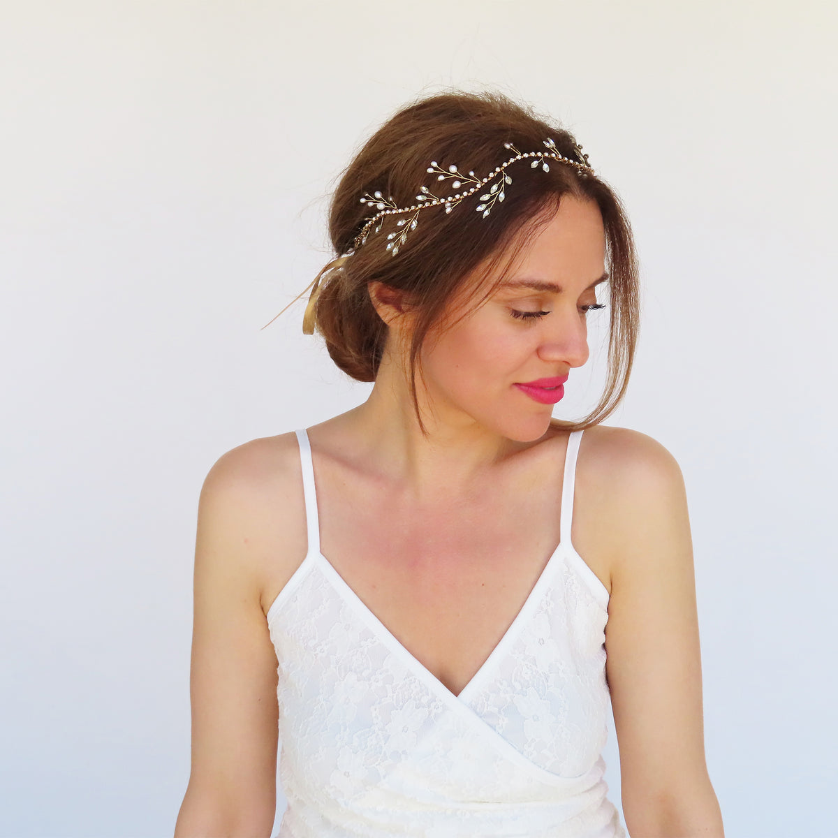 YERTTER Dainty Wedding Bridal Headband for Brides and Bridesmaids Hair Vine Band Whimsical pearl bridal headband - Pearl burst and silk  main image 2