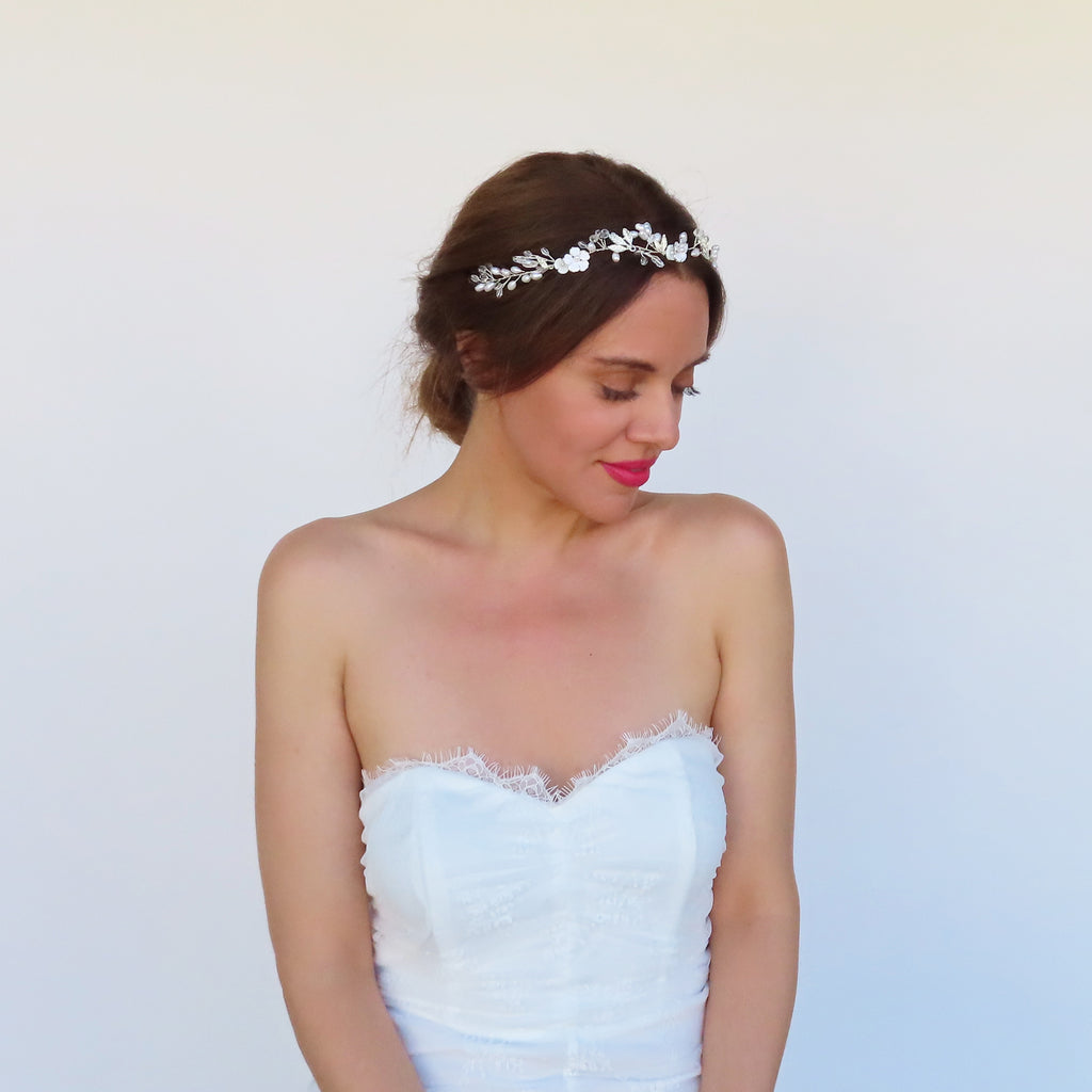 silver wedding headband with pearls