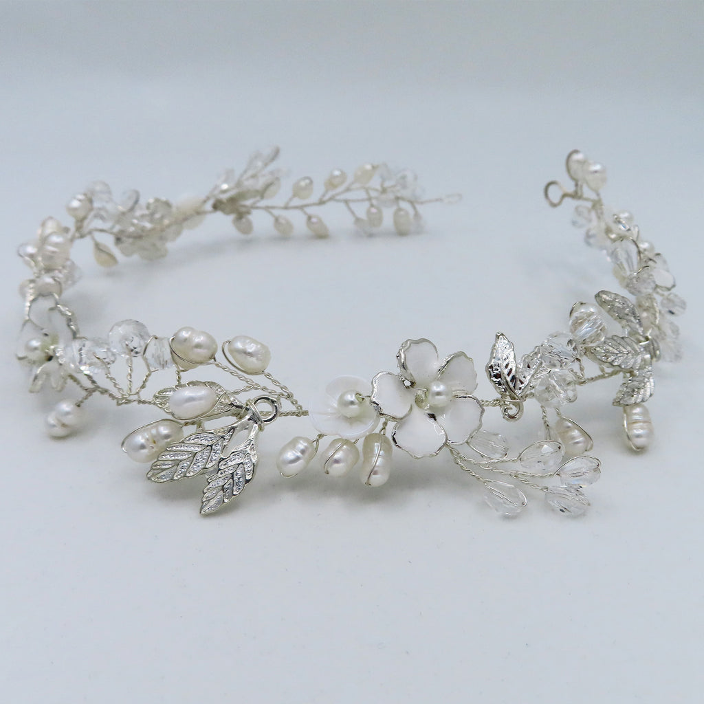 silver headpiece crown with freshwater pearl leaves and white flower
